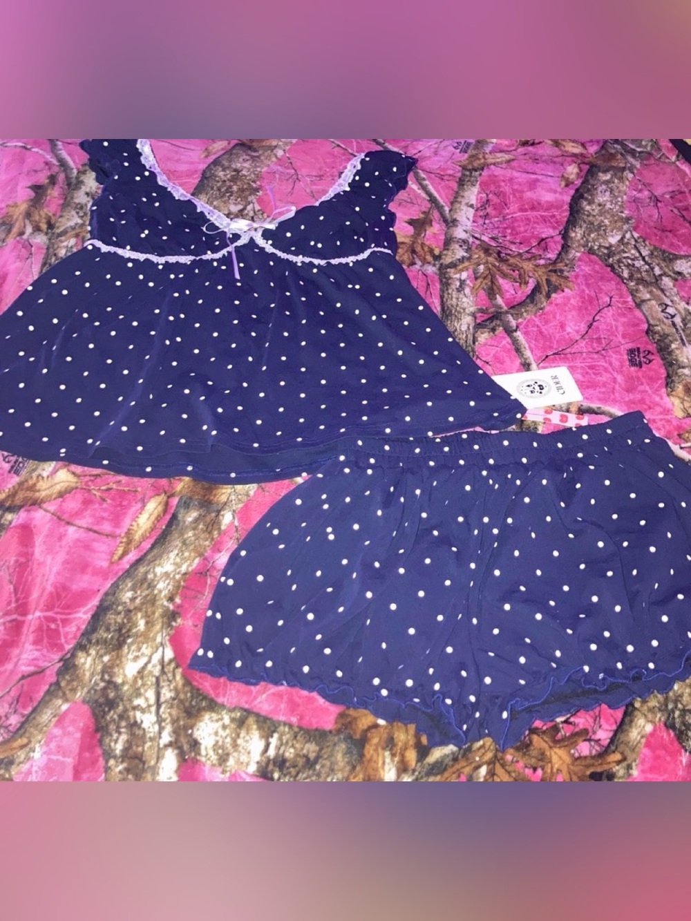 Cider Navy Polka Dot Two-Piece Romper Set with White Trim